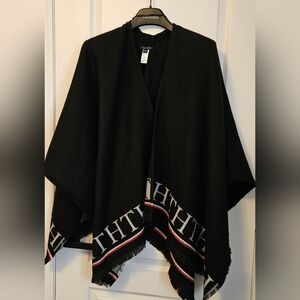 Tommy Hilfiger Black Logo-Trim Poncho with Red & White Stripe